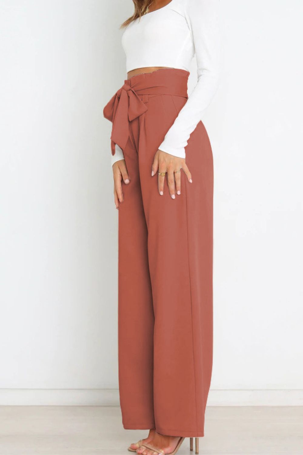 Trendsi Cupid Beauty Supplies Women Pants Tie Front Paperbag Wide Leg Pants