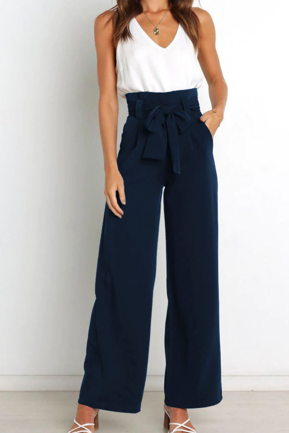 Trendsi Cupid Beauty Supplies Navy / S Women Pants Tie Front Paperbag Wide Leg Pants