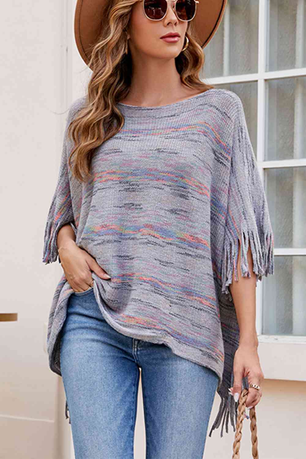 Round Neck Poncho with Fringe Detail Sleeves - Stylish Fashion