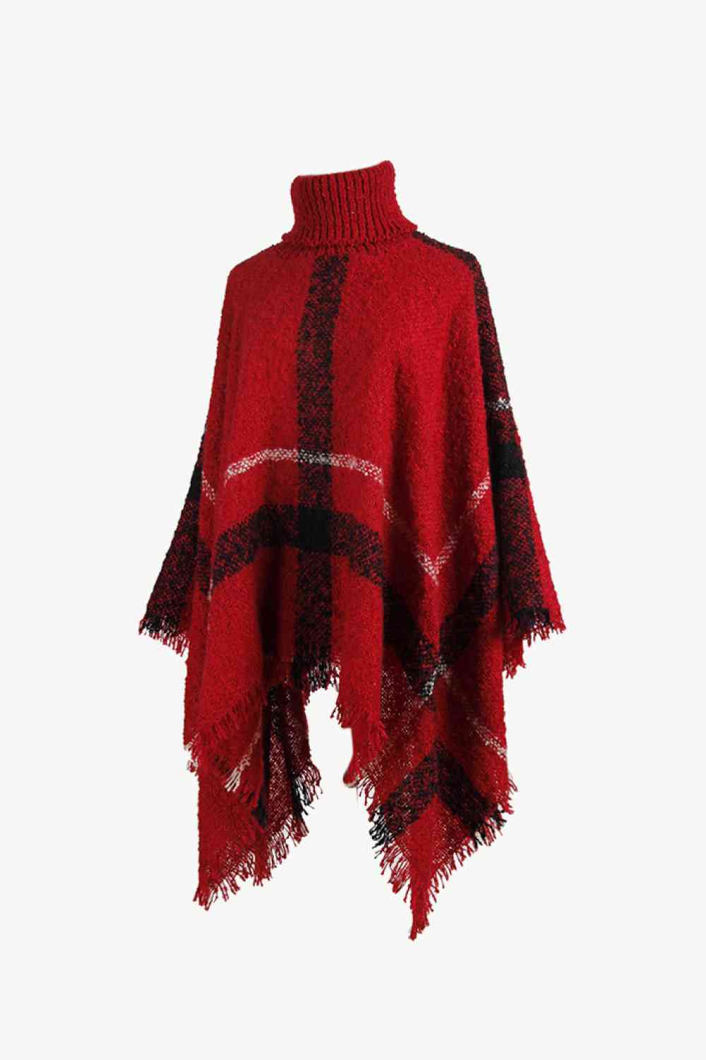 Stylish Plaid Turtleneck Poncho with Raw Hem