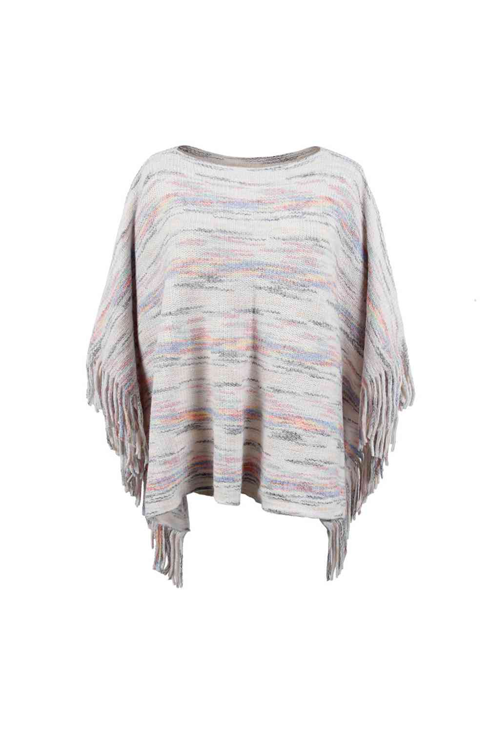 Round Neck Poncho with Fringe Detail Sleeves - Stylish Fashion