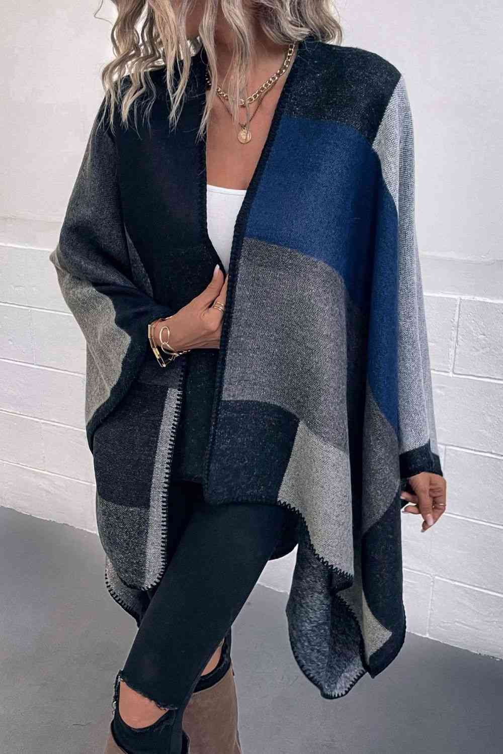 Open Front Color Block Poncho