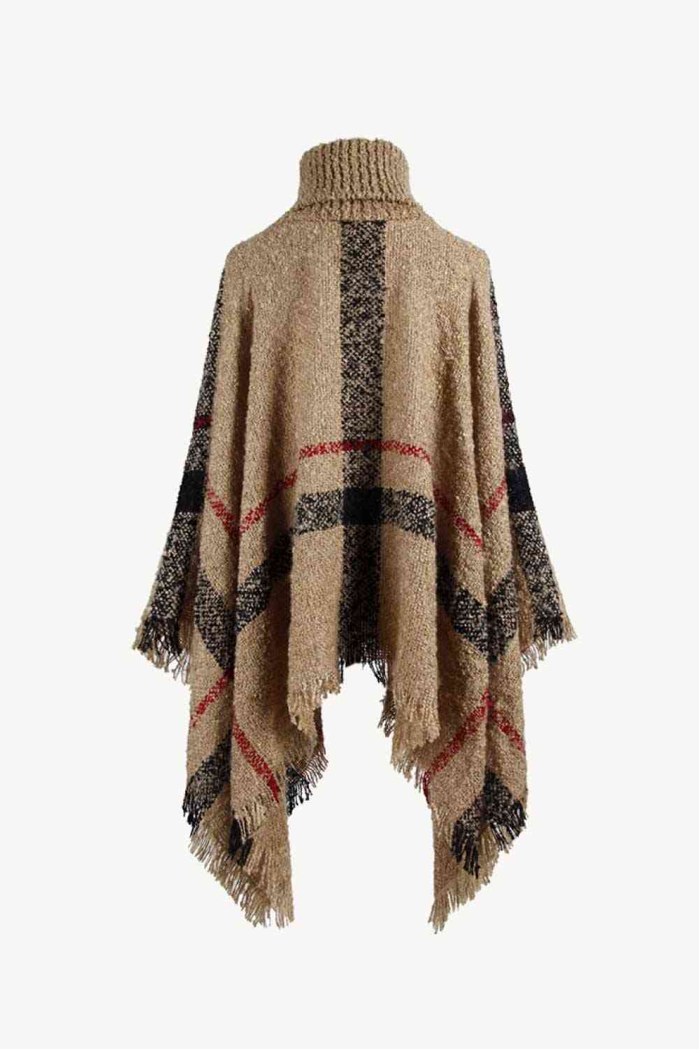 Stylish Plaid Turtleneck Poncho with Raw Hem