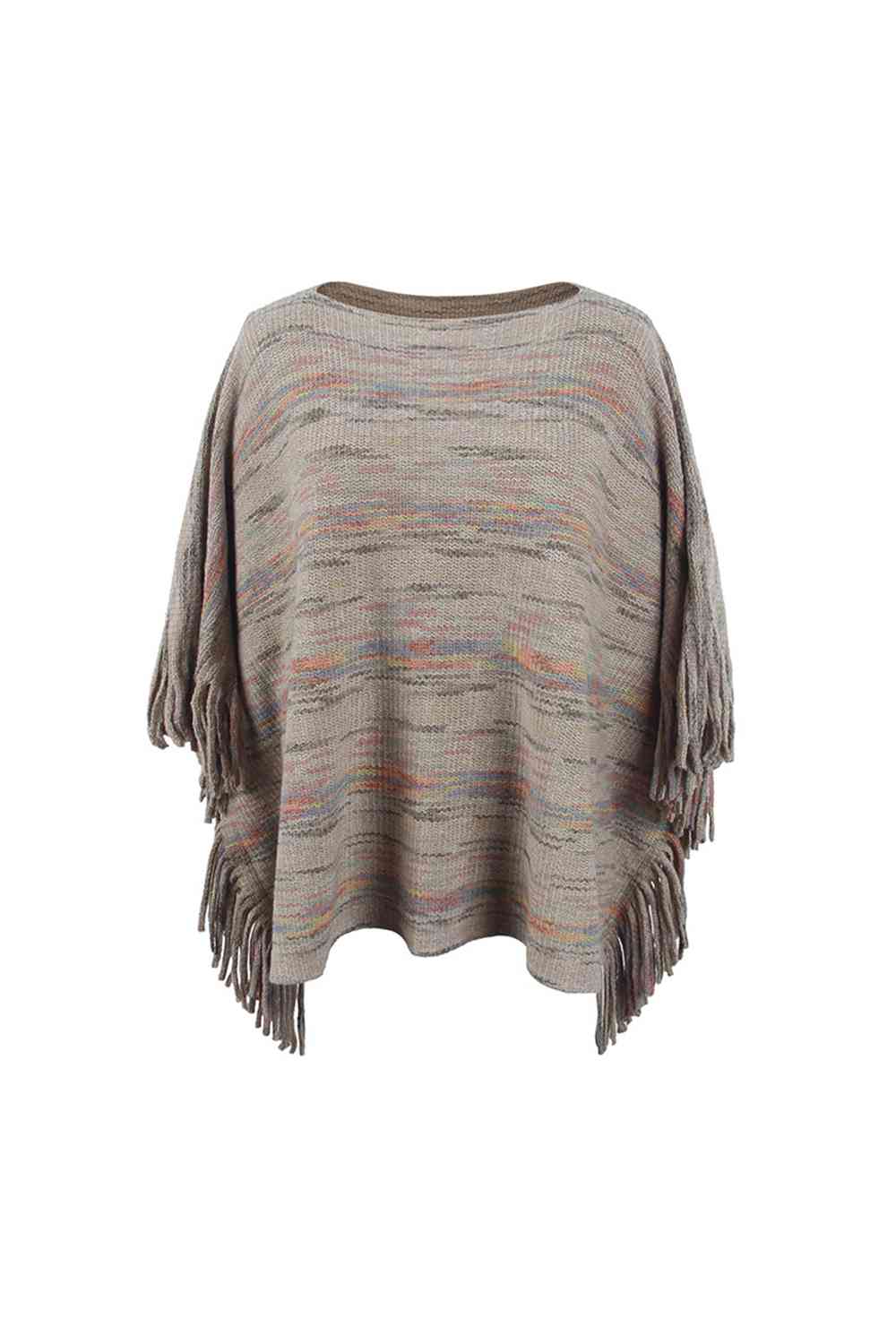 Round Neck Poncho with Fringe Detail Sleeves - Stylish Fashion