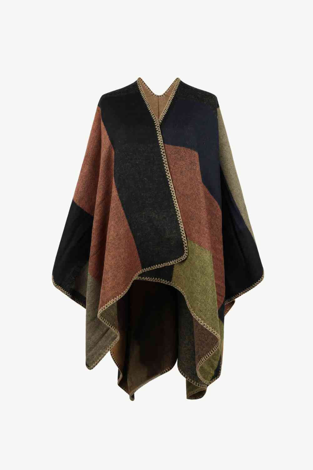 Open Front Color Block Poncho