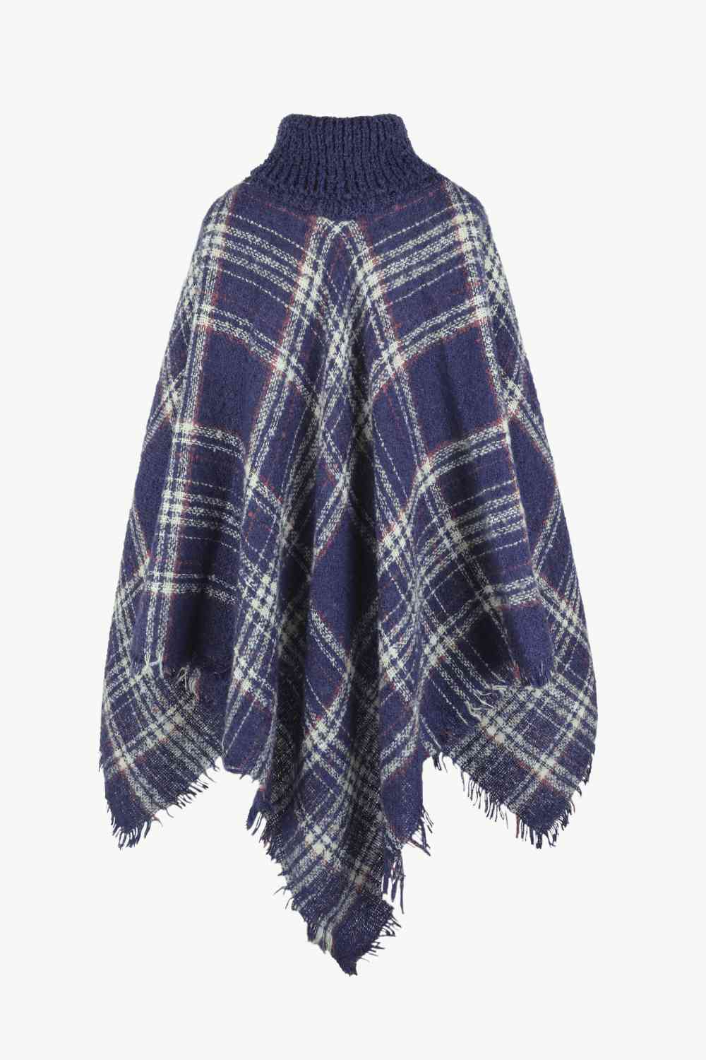 Plaid Turtleneck Poncho with Fringe Hem - Stylish Winter Fashion