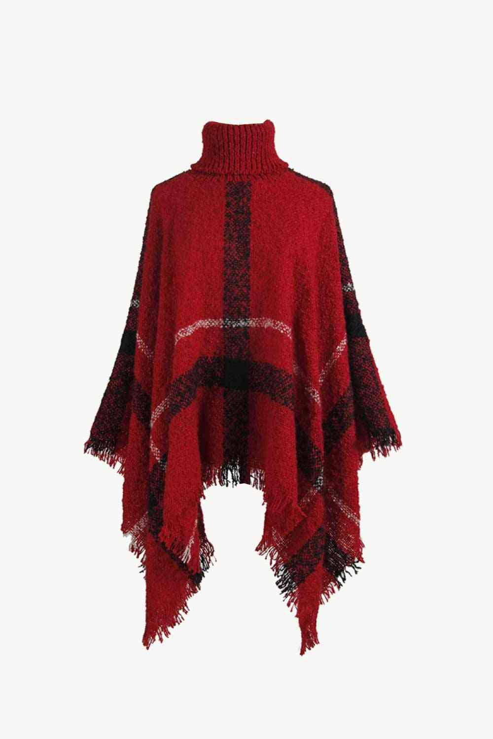 Stylish Plaid Turtleneck Poncho with Raw Hem