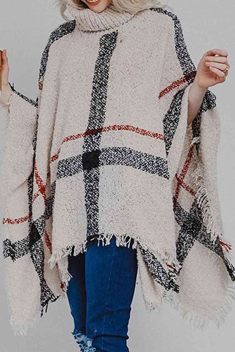 Stylish Plaid Turtleneck Poncho with Raw Hem