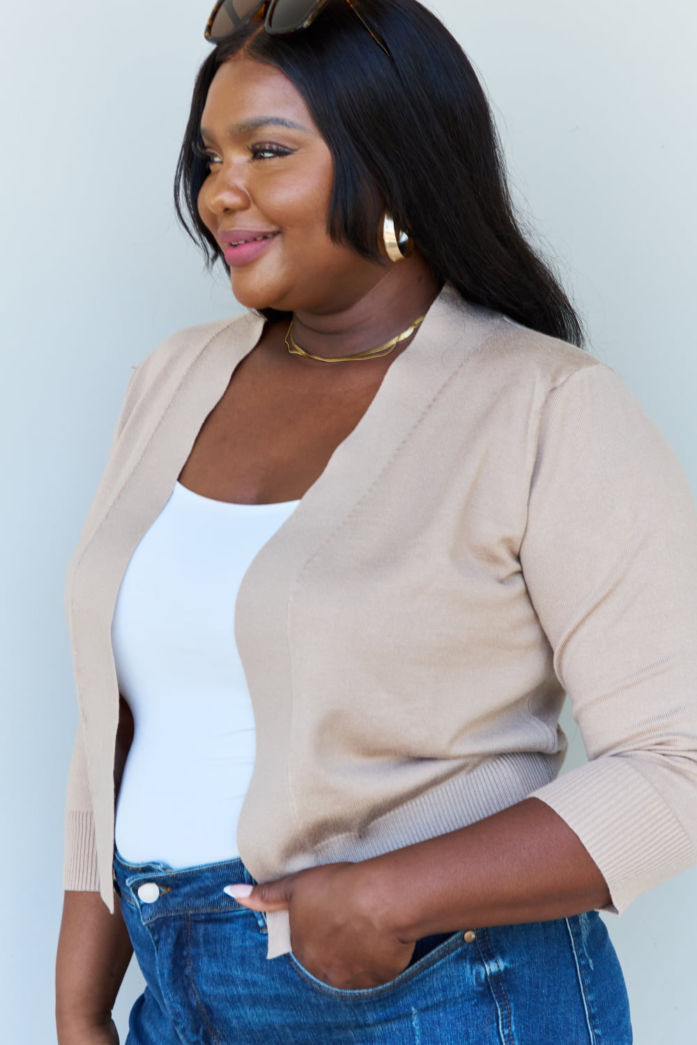Khaki 3/4 Sleeve Cropped Cardigan - Doublju Favorite