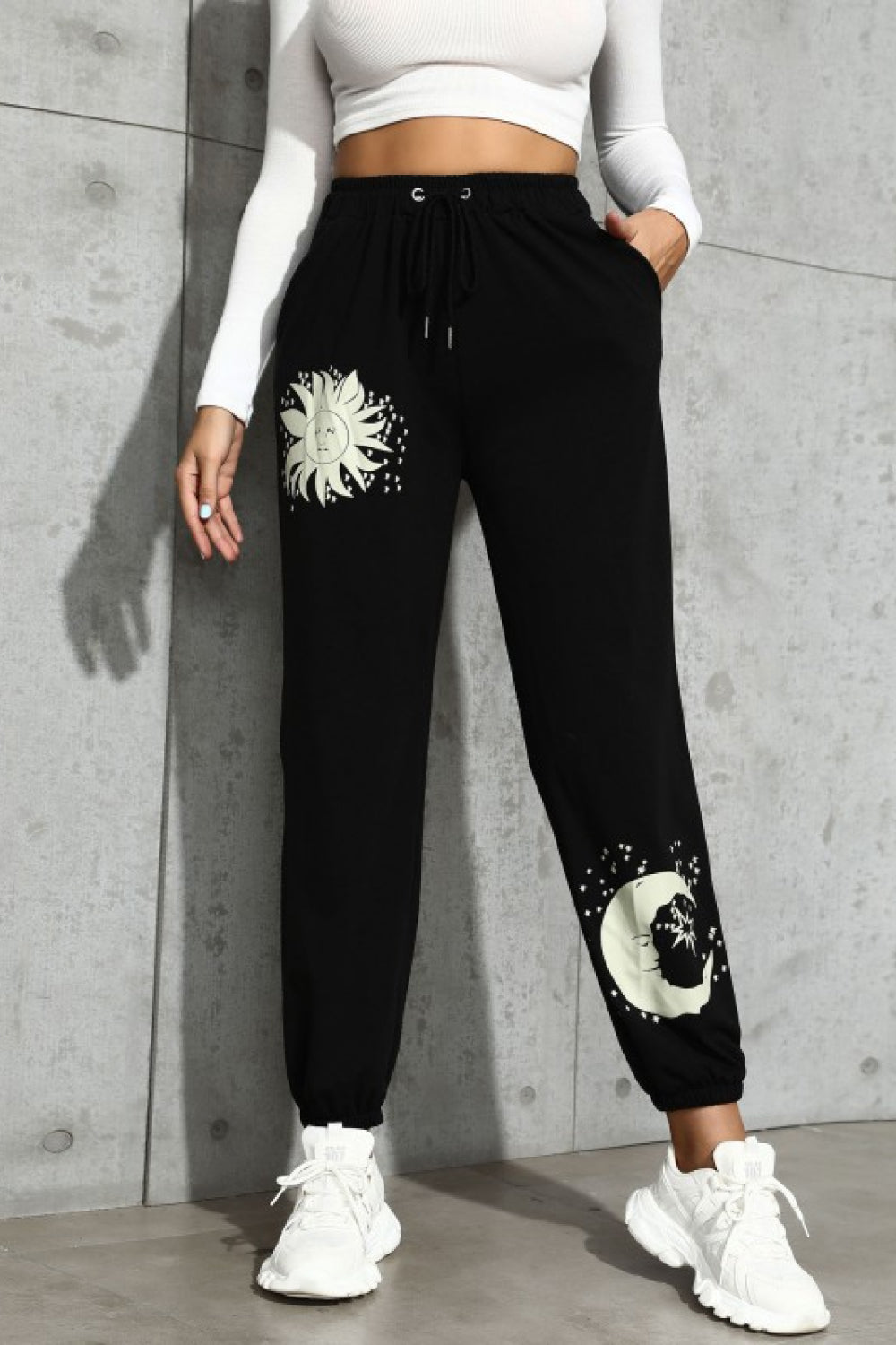 Trendsi Cupid Beauty Supplies Black / S Woman Sweatpants Sun and Moon Graphic Drawstring Joggers