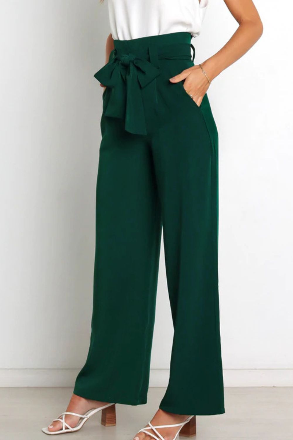 Trendsi Cupid Beauty Supplies Women Pants Tie Front Paperbag Wide Leg Pants