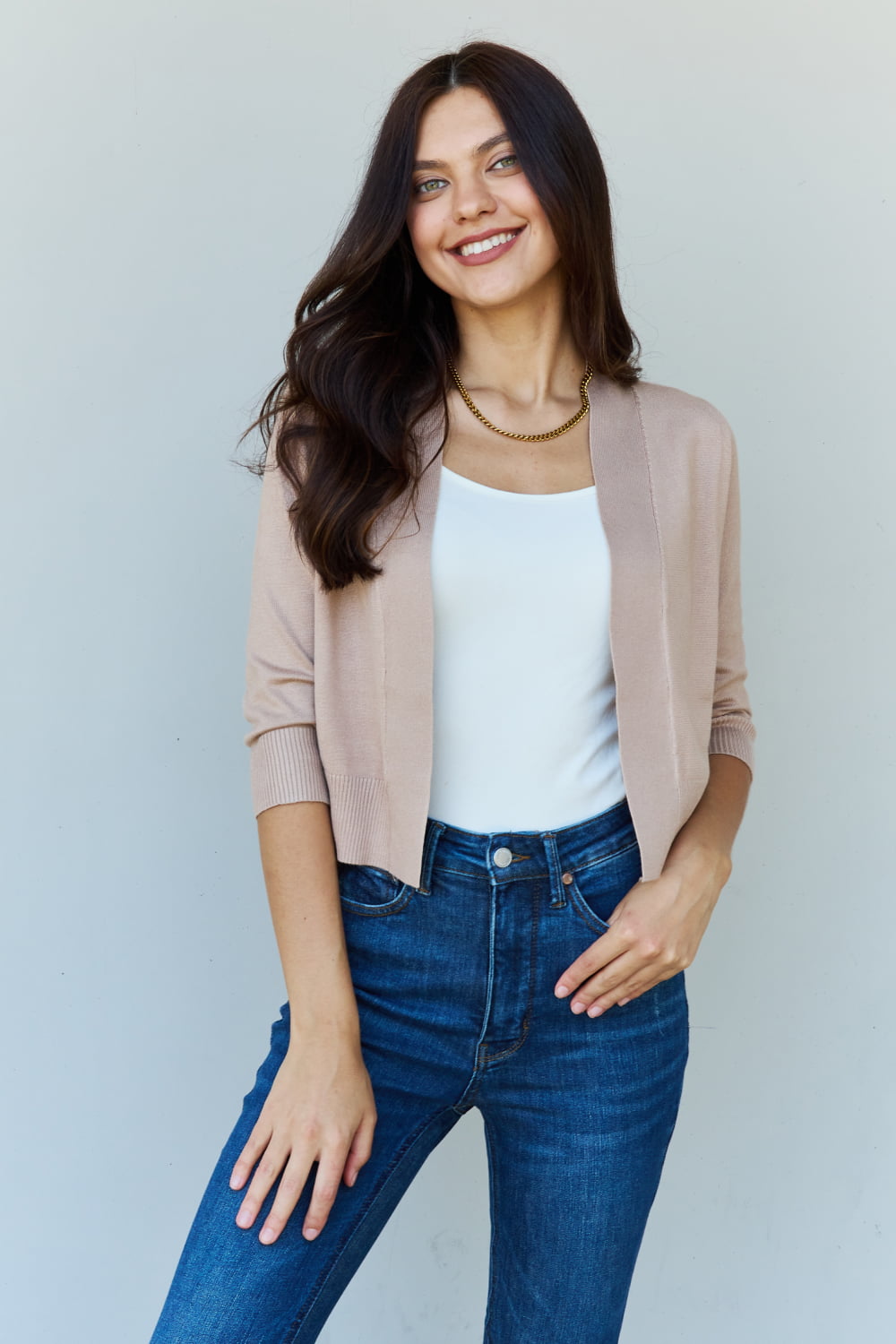Khaki 3/4 Sleeve Cropped Cardigan - Doublju Favorite
