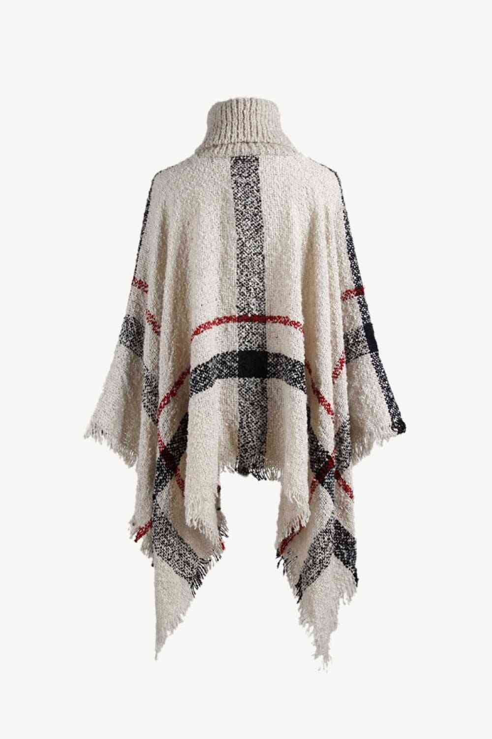 Stylish Plaid Turtleneck Poncho with Raw Hem