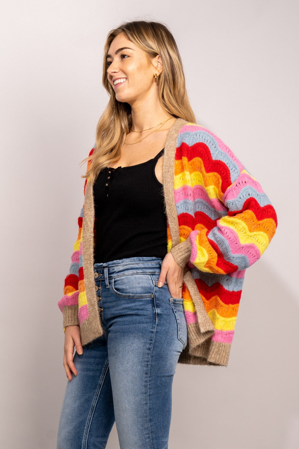 Trendsi Cupid Beauty Supplies Woman Cardigan ee:some Rainbow Stripe Dropped Shoulder Open Front Cardigan