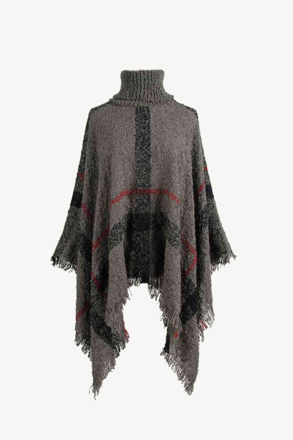 Stylish Plaid Turtleneck Poncho with Raw Hem