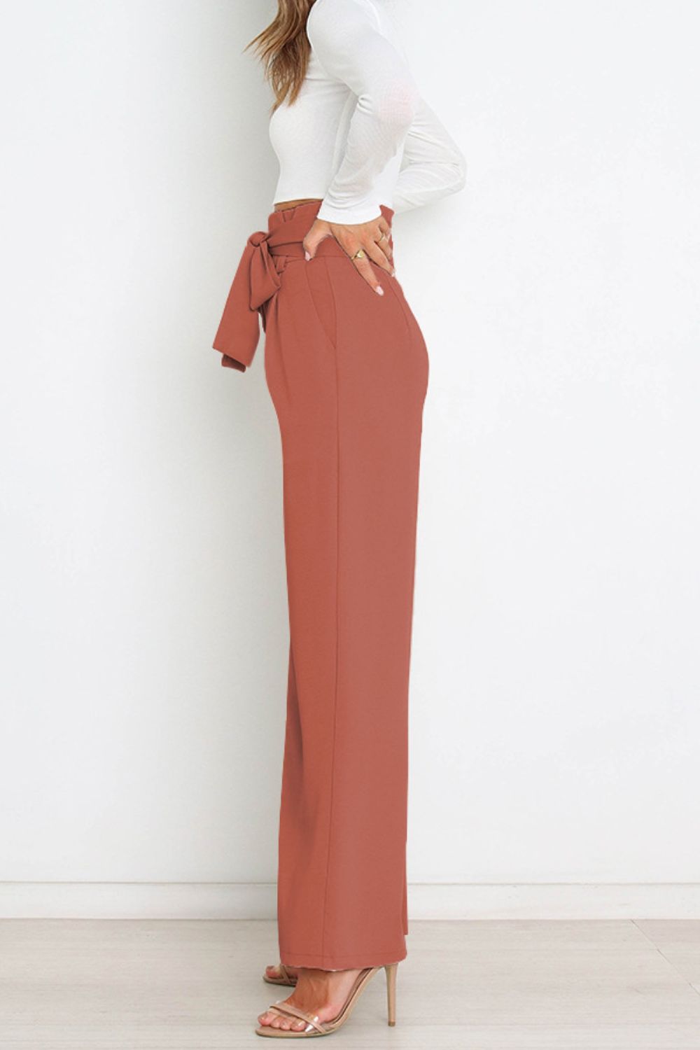 Trendsi Cupid Beauty Supplies Women Pants Tie Front Paperbag Wide Leg Pants
