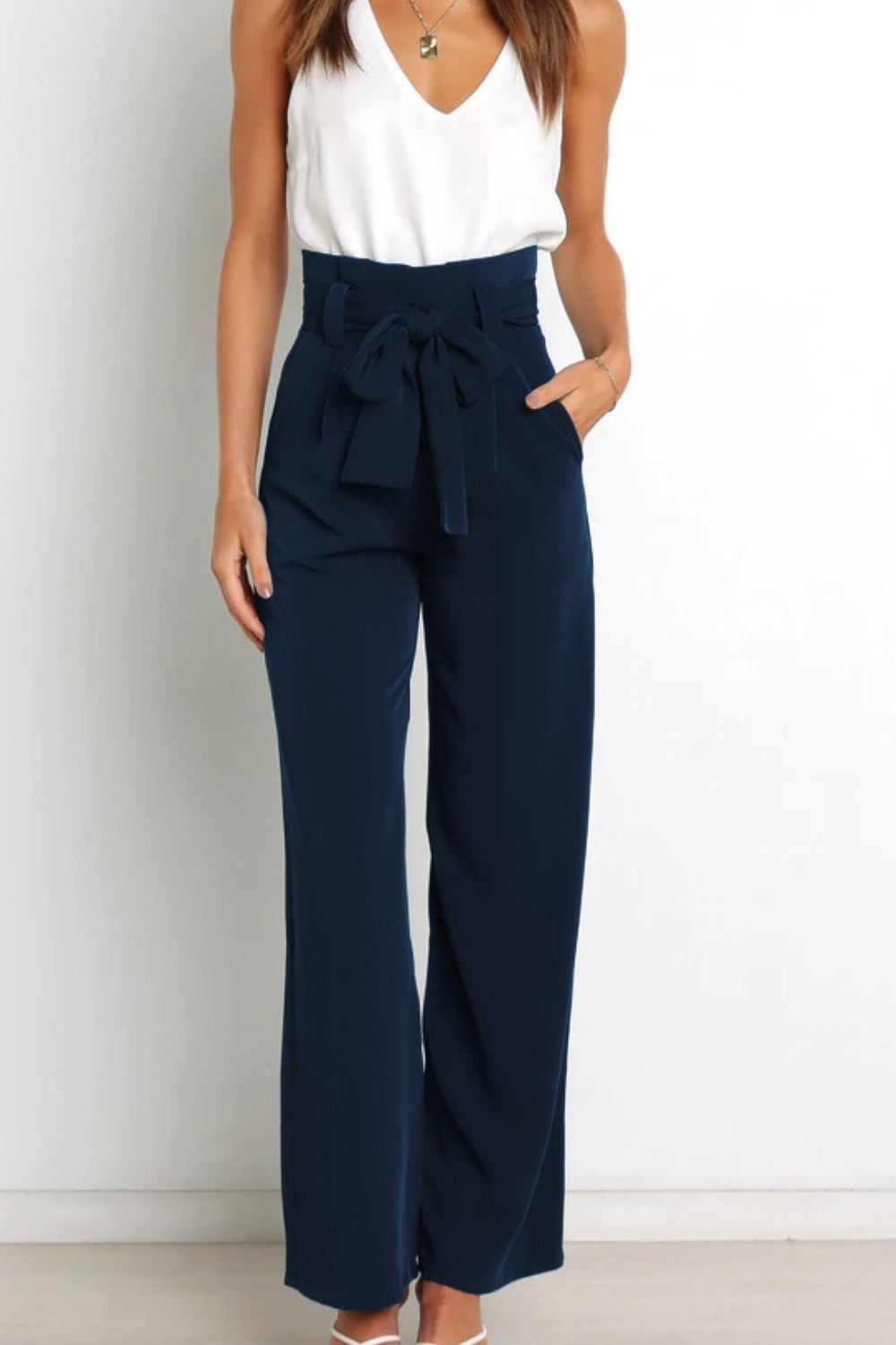 Trendsi Cupid Beauty Supplies Women Pants Tie Front Paperbag Wide Leg Pants