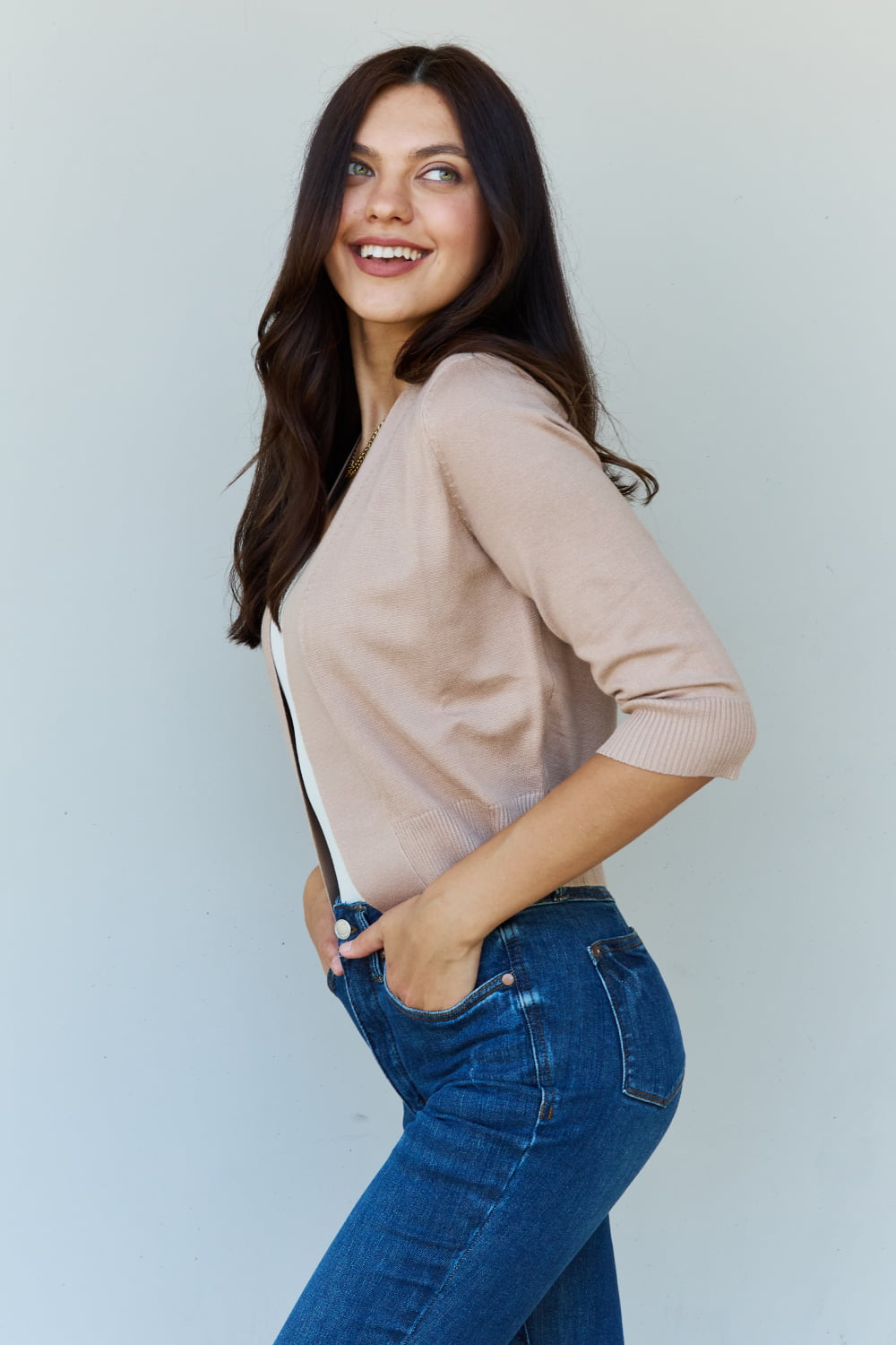 Khaki 3/4 Sleeve Cropped Cardigan - Doublju Favorite