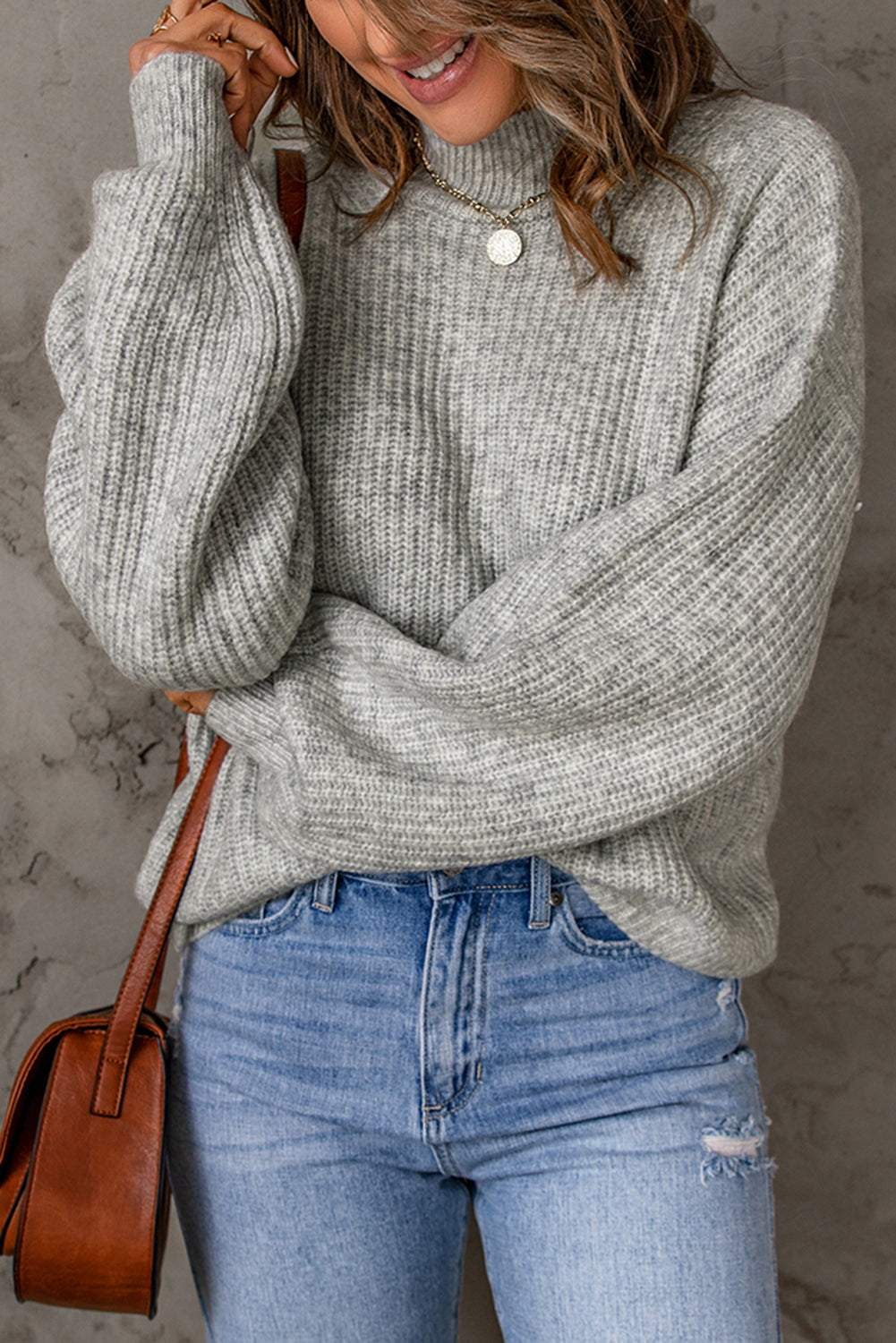 Trendsi Cupid Beauty Supplies Woman Pullover Sweater Heathered Balloon Sleeve Rib-Knit Sweater