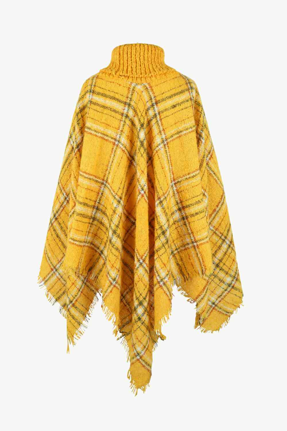 Plaid Turtleneck Poncho with Fringe Hem - Stylish Winter Fashion