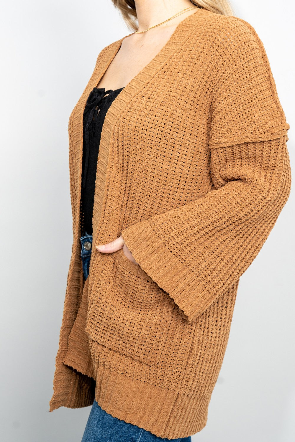 Trendsi Cupid Beauty Supplies woman cardigan Very J Exposed Seam Flare Sleeve Open Front Cardigan in Camel