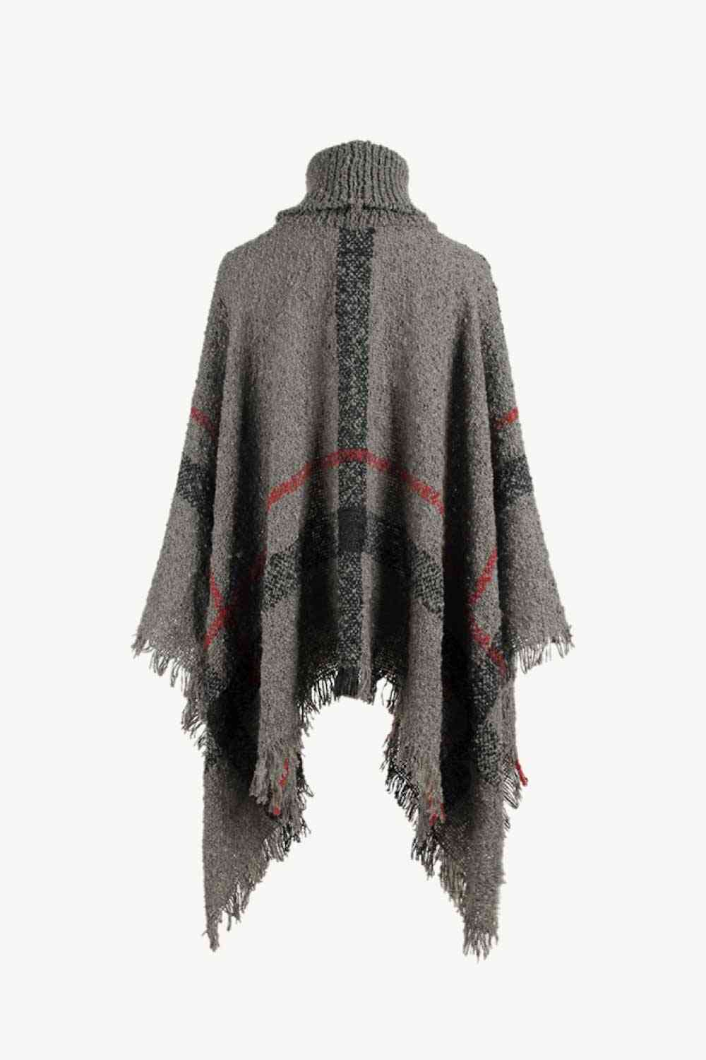 Stylish Plaid Turtleneck Poncho with Raw Hem