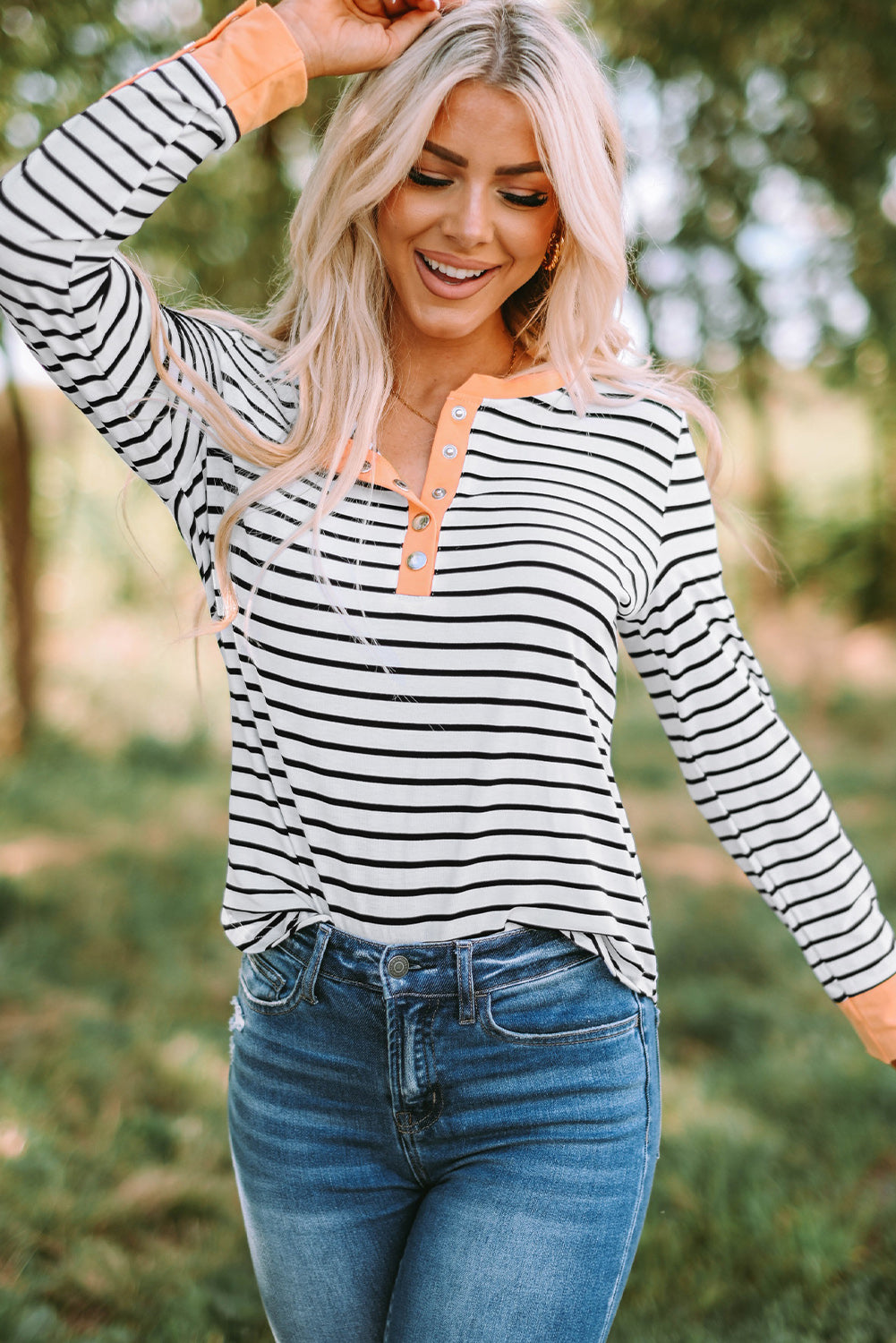 Trendsi Cupid Beauty Supplies Woman's T-Shirts Striped Contrast Trim Quarter Snap T-Shirt