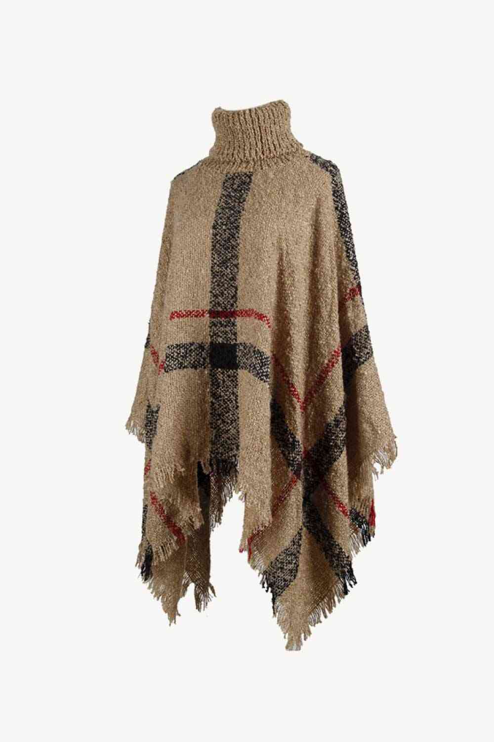 Stylish Plaid Turtleneck Poncho with Raw Hem