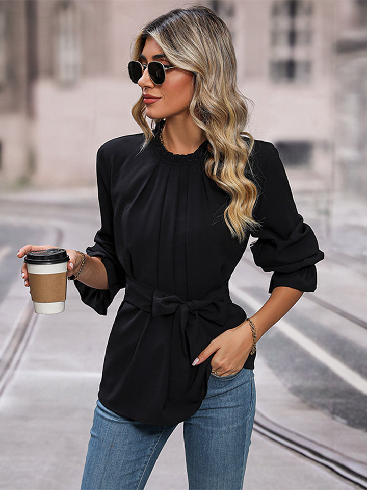 Trendsi Cupid Beauty Supplies Woman Blouse Round Neck Tie Waist Long Sleeve Blouse