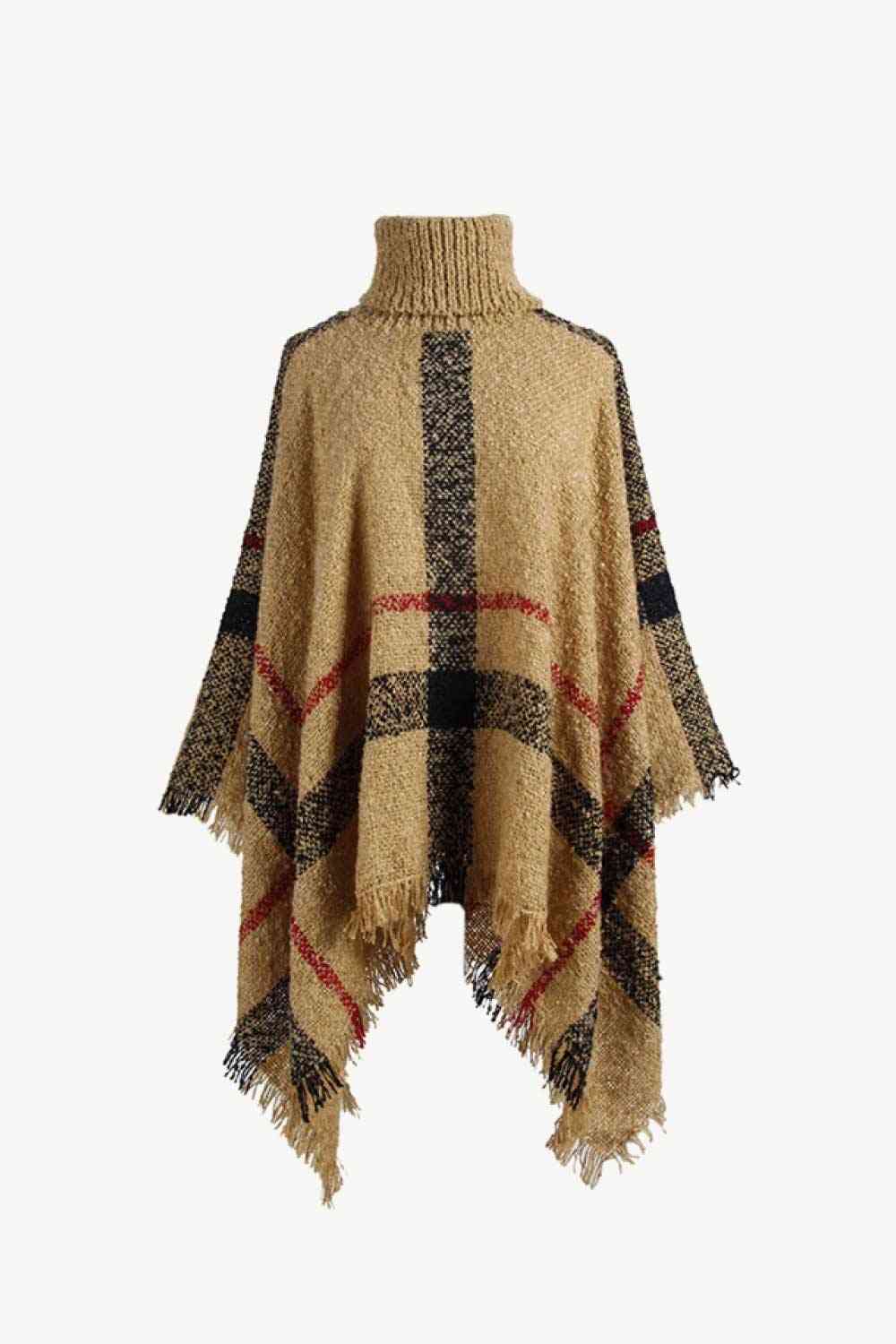 Stylish Plaid Turtleneck Poncho with Raw Hem