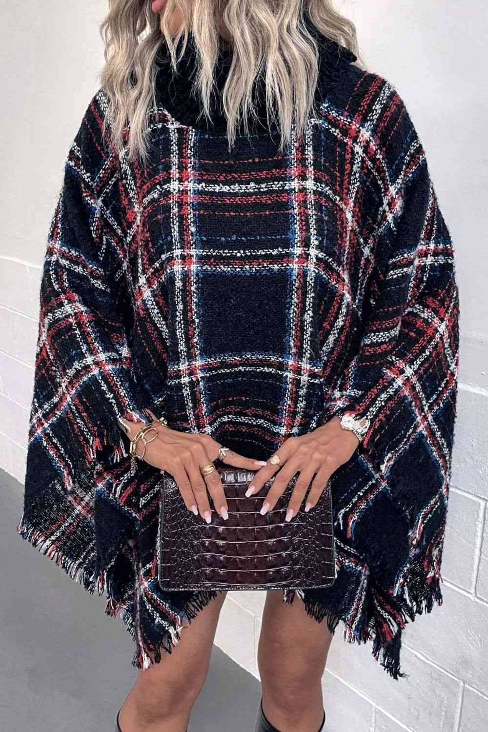Plaid Turtleneck Poncho with Fringe Hem - Stylish Winter Fashion
