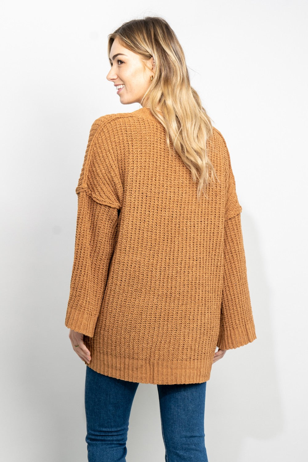 Trendsi Cupid Beauty Supplies woman cardigan Very J Exposed Seam Flare Sleeve Open Front Cardigan in Camel