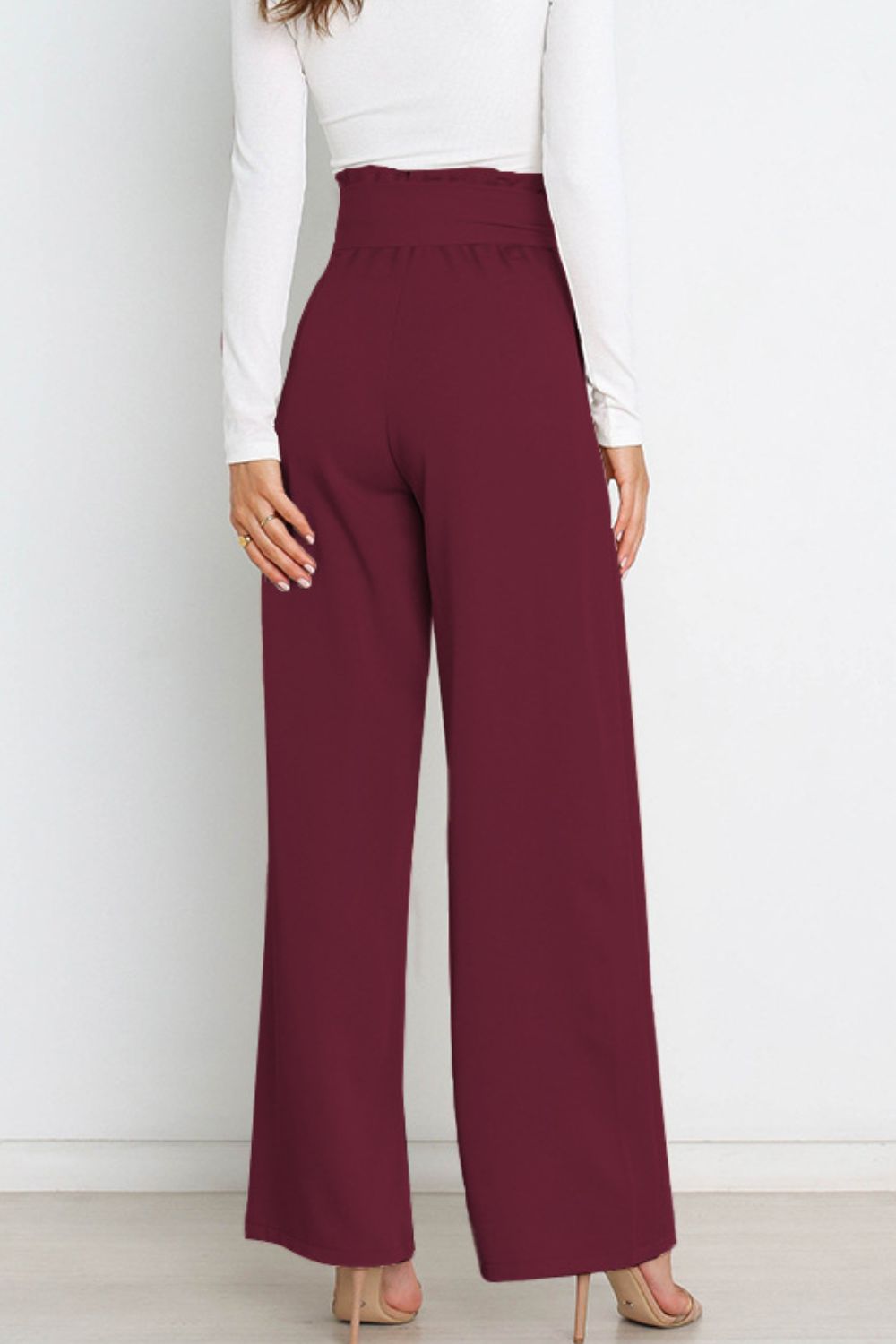 Trendsi Cupid Beauty Supplies Wine / S Women Pants Tie Front Paperbag Wide Leg Pants