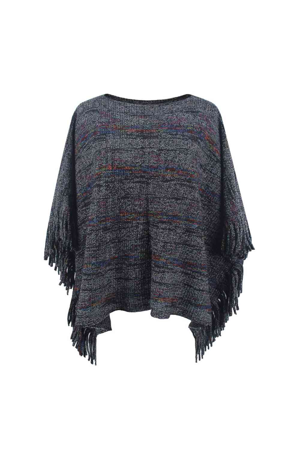 Round Neck Poncho with Fringe Detail Sleeves - Stylish Fashion