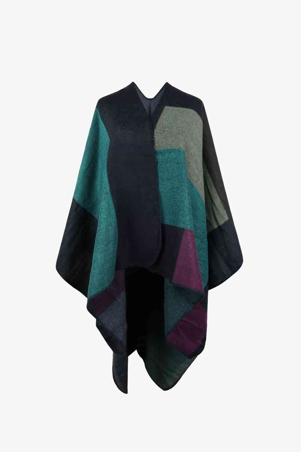 Open Front Color Block Poncho