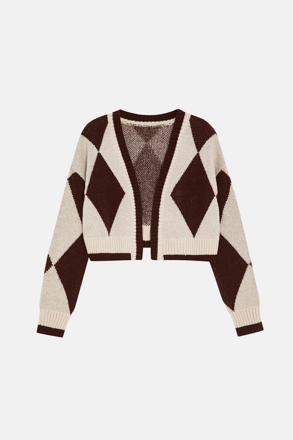 Argyle Pattern Ribbed Trim Open Front Cardigan - Cupid Beauty Supplies