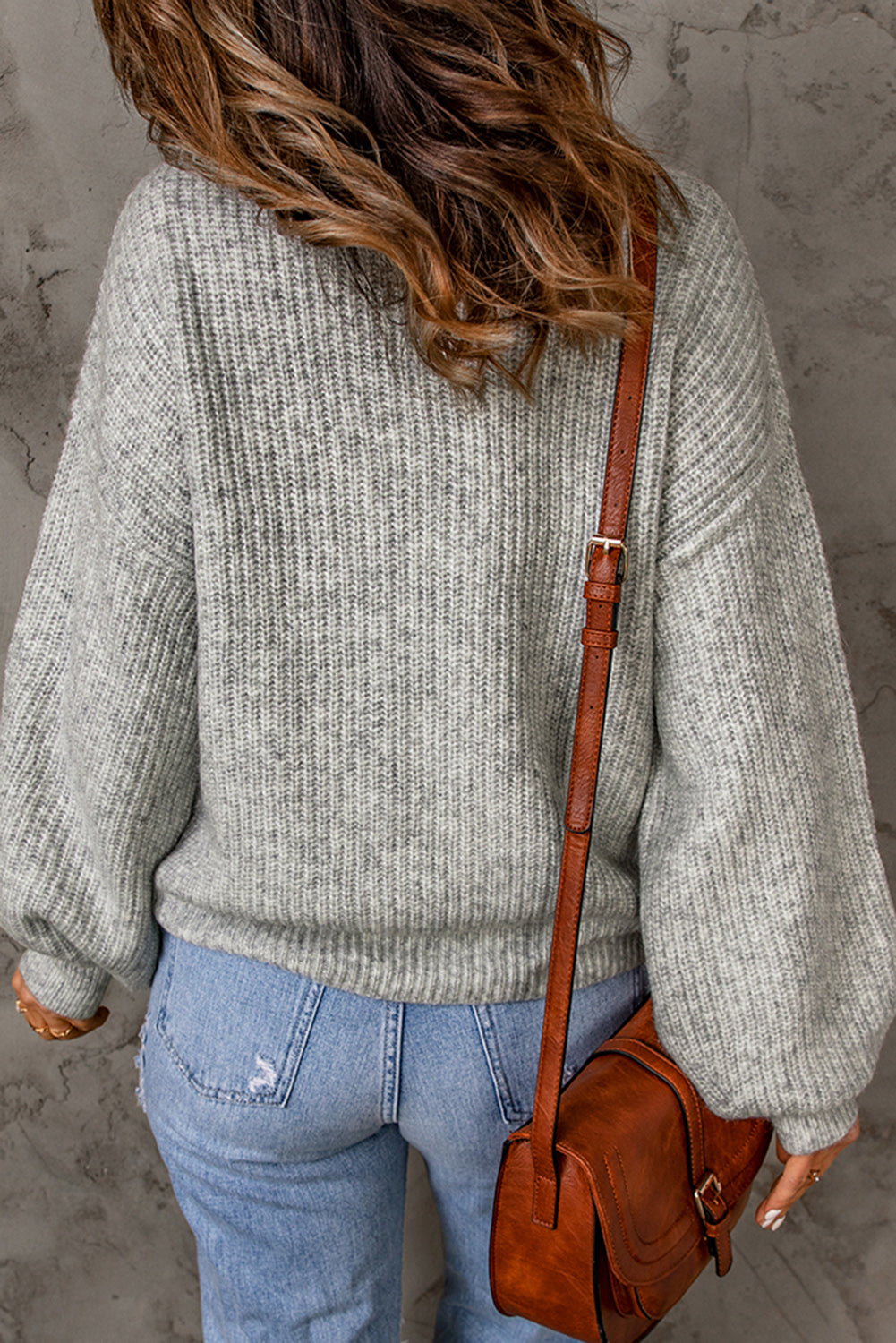 Trendsi Cupid Beauty Supplies Woman Pullover Sweater Heathered Balloon Sleeve Rib-Knit Sweater