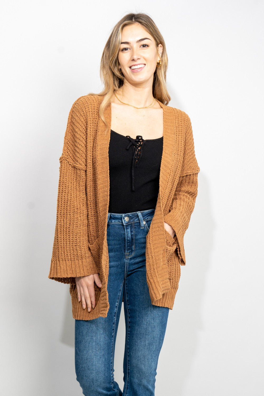 Trendsi Cupid Beauty Supplies woman cardigan Very J Exposed Seam Flare Sleeve Open Front Cardigan in Camel