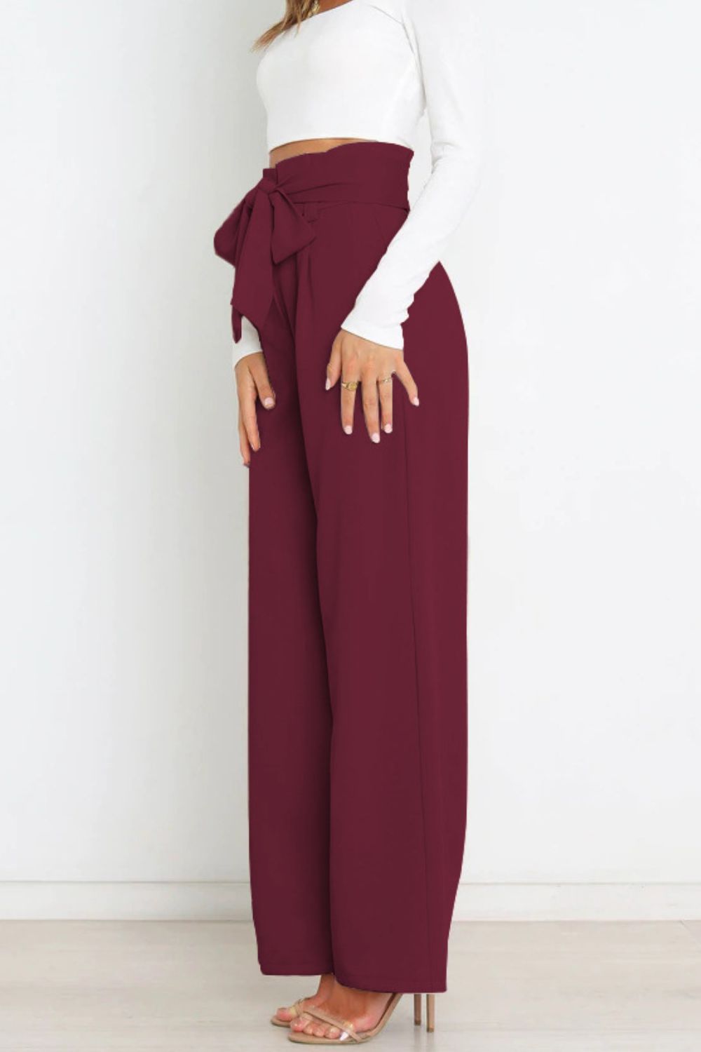 Trendsi Cupid Beauty Supplies Women Pants Tie Front Paperbag Wide Leg Pants
