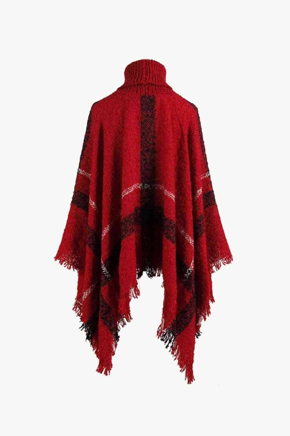 Stylish Plaid Turtleneck Poncho with Raw Hem