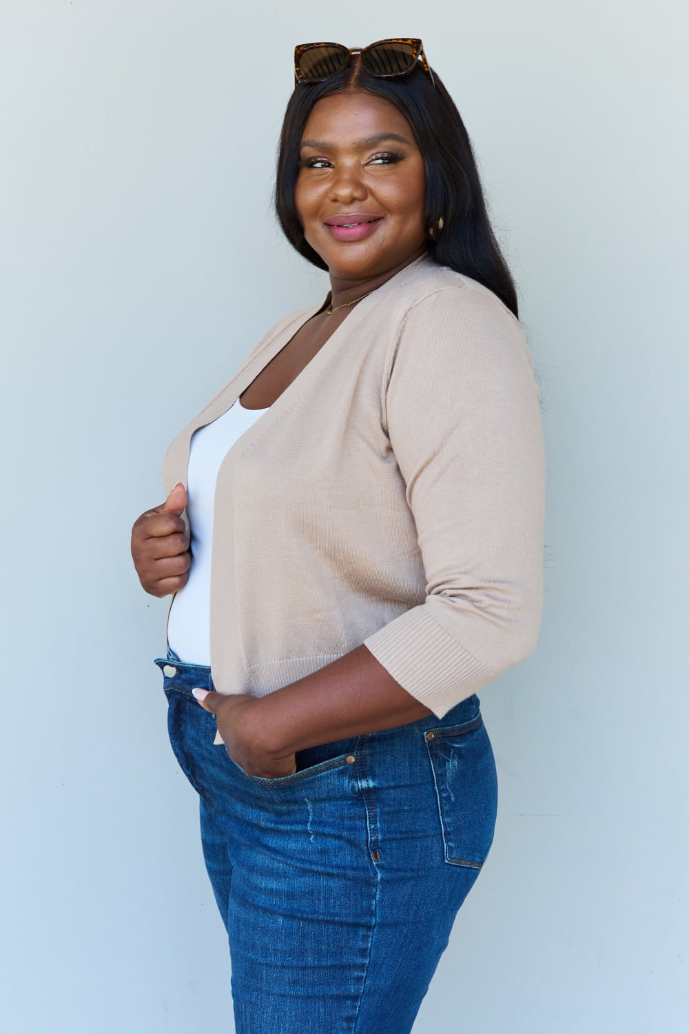 Khaki 3/4 Sleeve Cropped Cardigan - Doublju Favorite