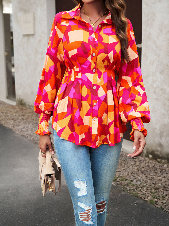 Trendsi Cupid Beauty Supplies Blouses Printed Button-Up Lantern Sleeve Shirt