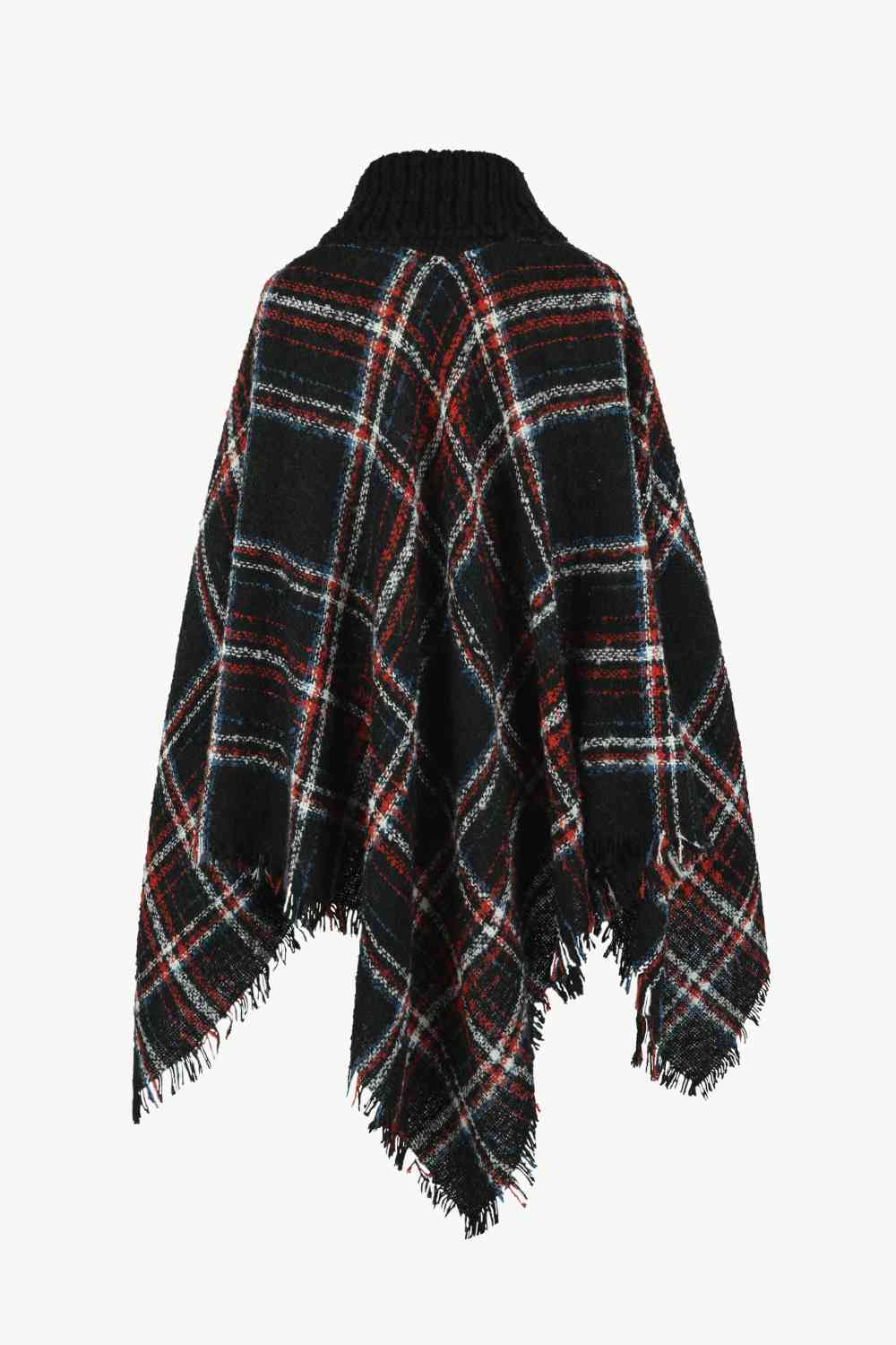 Plaid Turtleneck Poncho with Fringe Hem - Stylish Winter Fashion