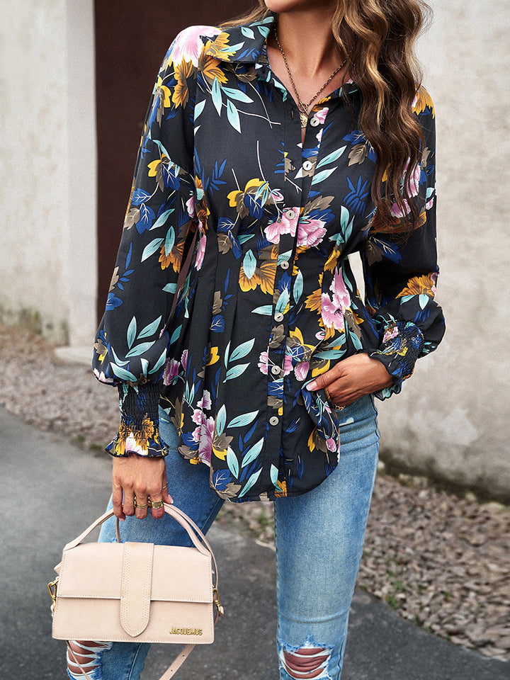 Trendsi Cupid Beauty Supplies Blouses Printed Button-Up Lantern Sleeve Shirt