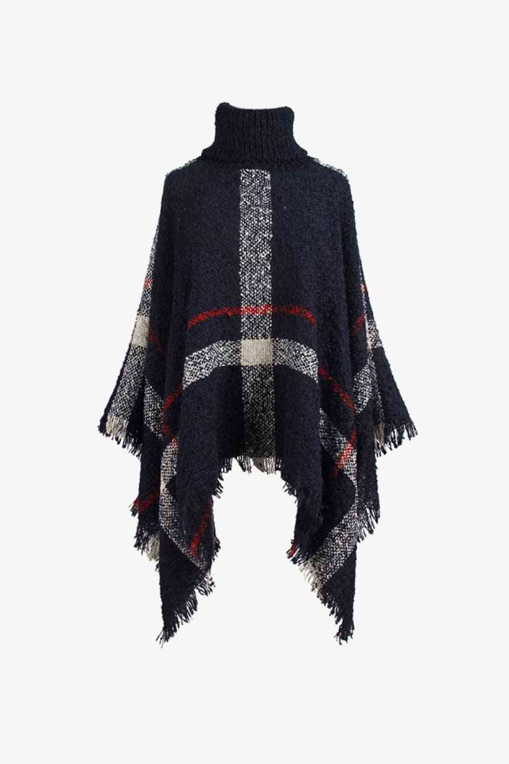 Stylish Plaid Turtleneck Poncho with Raw Hem