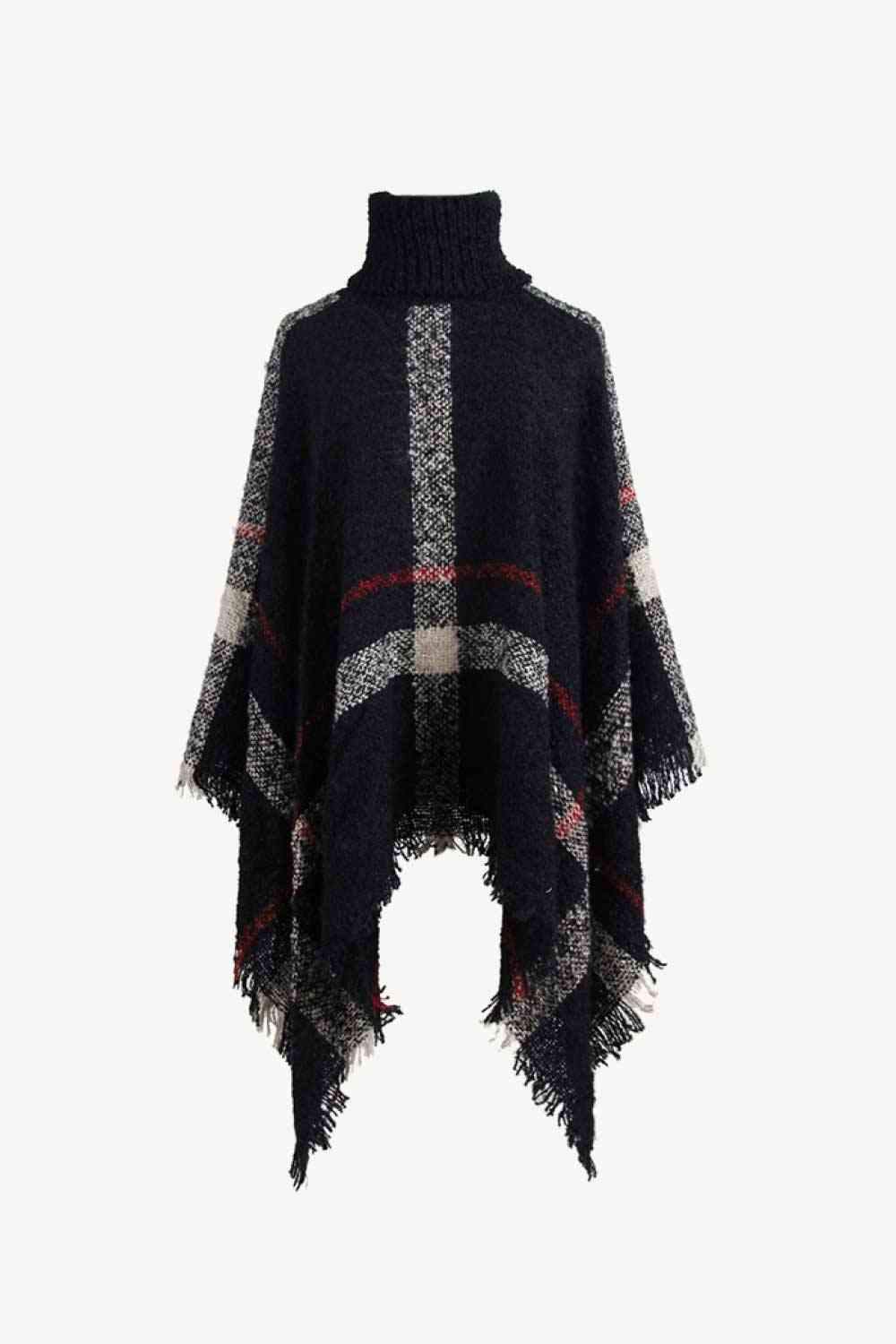 Stylish Plaid Turtleneck Poncho with Raw Hem