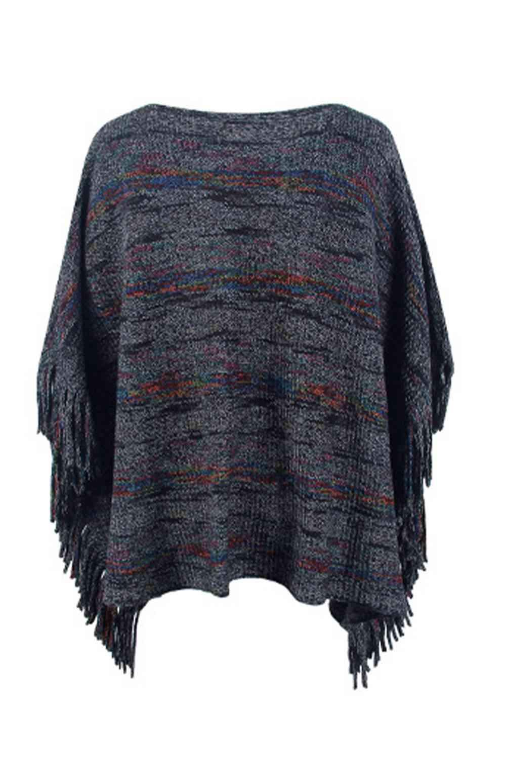 Round Neck Poncho with Fringe Detail Sleeves - Stylish Fashion