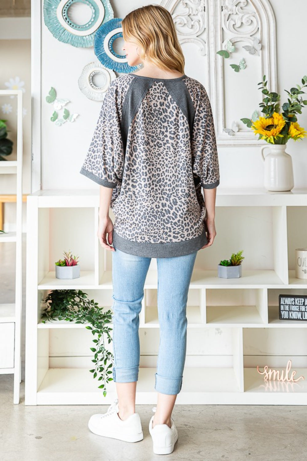 Leopard V-Neck Half Sleeve T-Shirt: Heimish Full Size Contrast