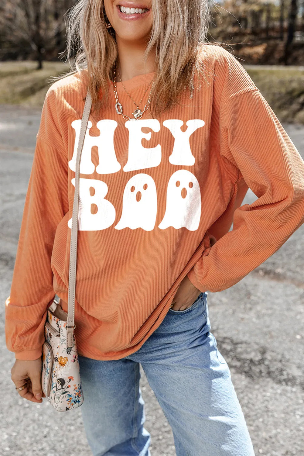 Graphic Print Round Neck Long Sleeve Sweatshirt - Spooky Casual Pullover