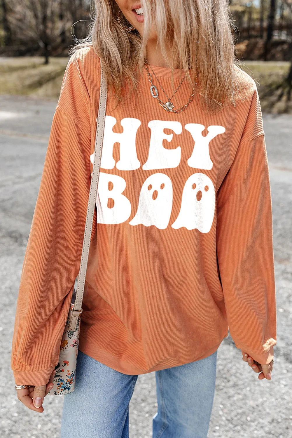 Graphic Print Round Neck Long Sleeve Sweatshirt - Spooky Casual Pullover